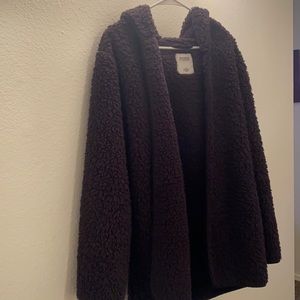 Pink Sherpa cardigan with hood